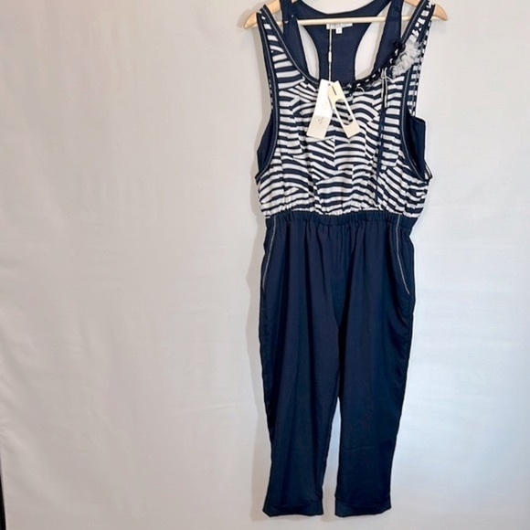 Forla Paris Womens Size L Jumpsuit Sleeveless Striped Pockets Lightweight Boho - Picture 1 of 16